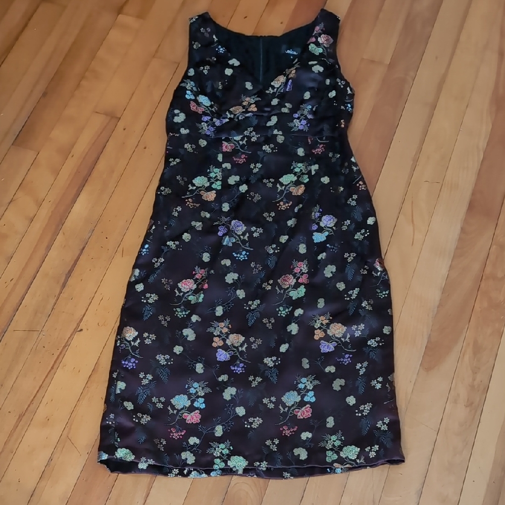 Elegant Satin Floral Midi Dress in Black